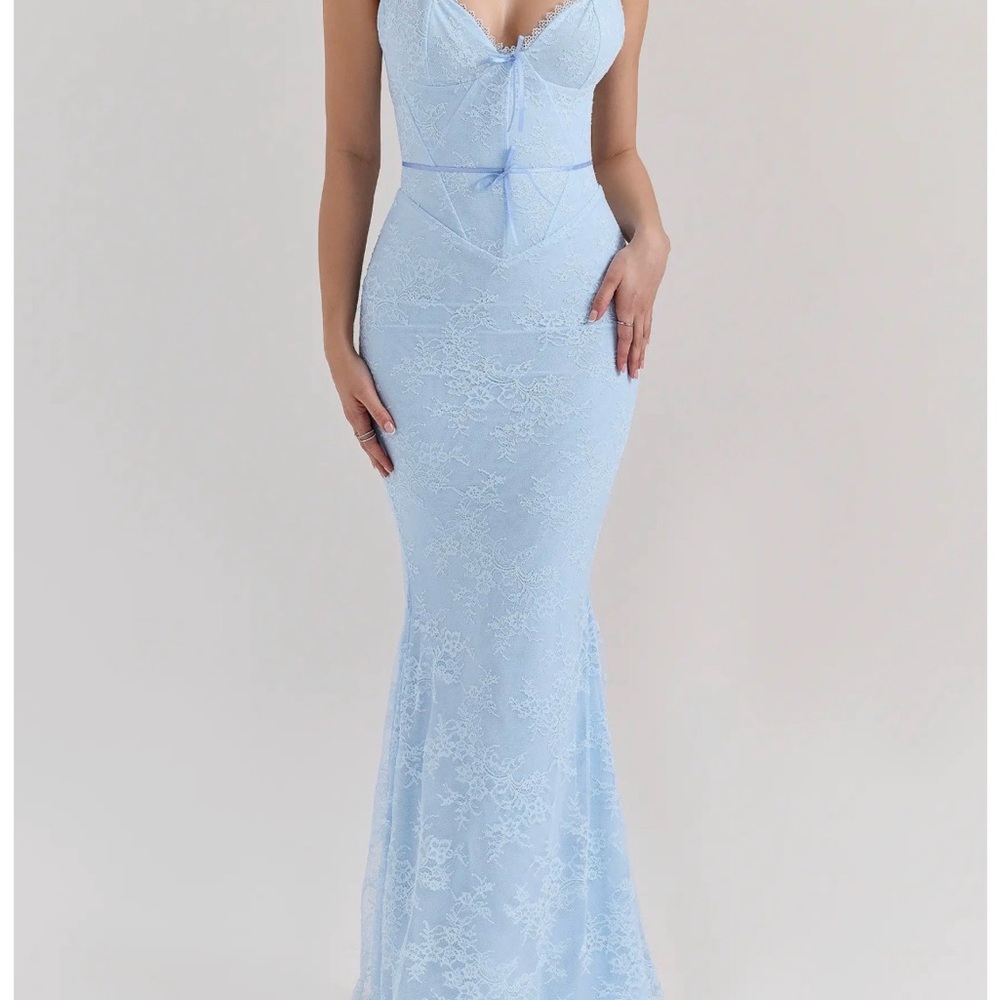 House of CB Sarai Light Blue Lace Maxi Dress Mermaid Style with Corset Bodice